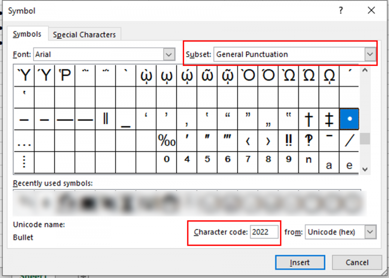 Bullet Symbols via the Insert Ribbon